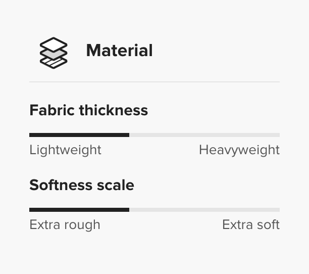 Control panel for fabric thickness and softness on a white background
