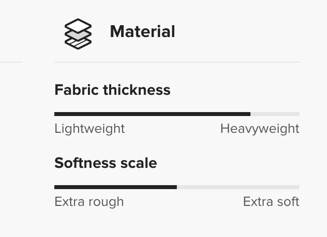 Control panel for fabric thickness and softness on a white background