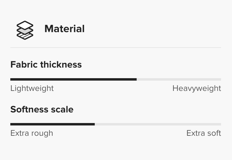 Control panel for fabric thickness and softness scale on a white background