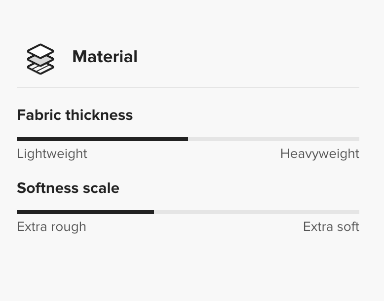 Material property settings with fabric thickness and softness scale options on a white background.