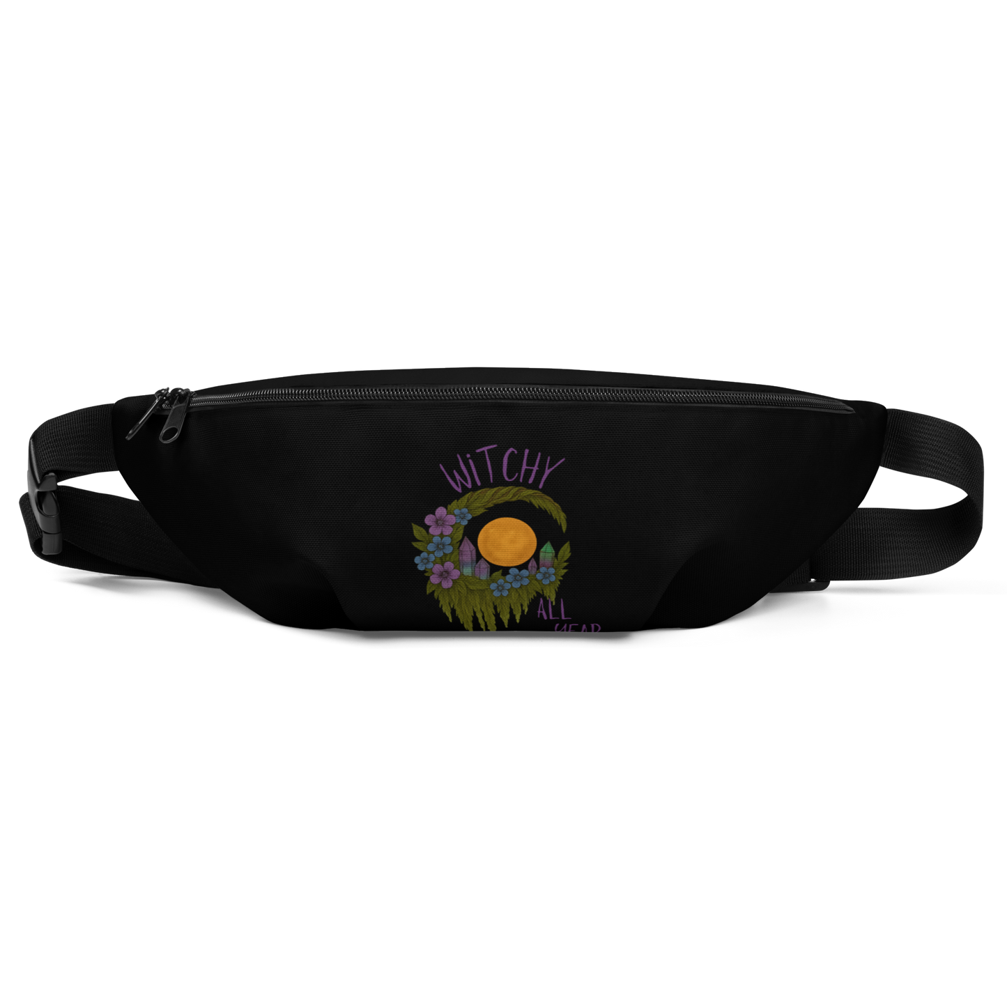 This is a black waist bag fanny pack with a design of a hand-drawn wreath made of moss-covered branches wraps around a glowing sun. The wreath is decorated with purple and blue flowers, small amethyst and fluorite crystals, and strands of hanging moss. The words “Witchy” curve above the wreath and “All Year” sits on the bottom right