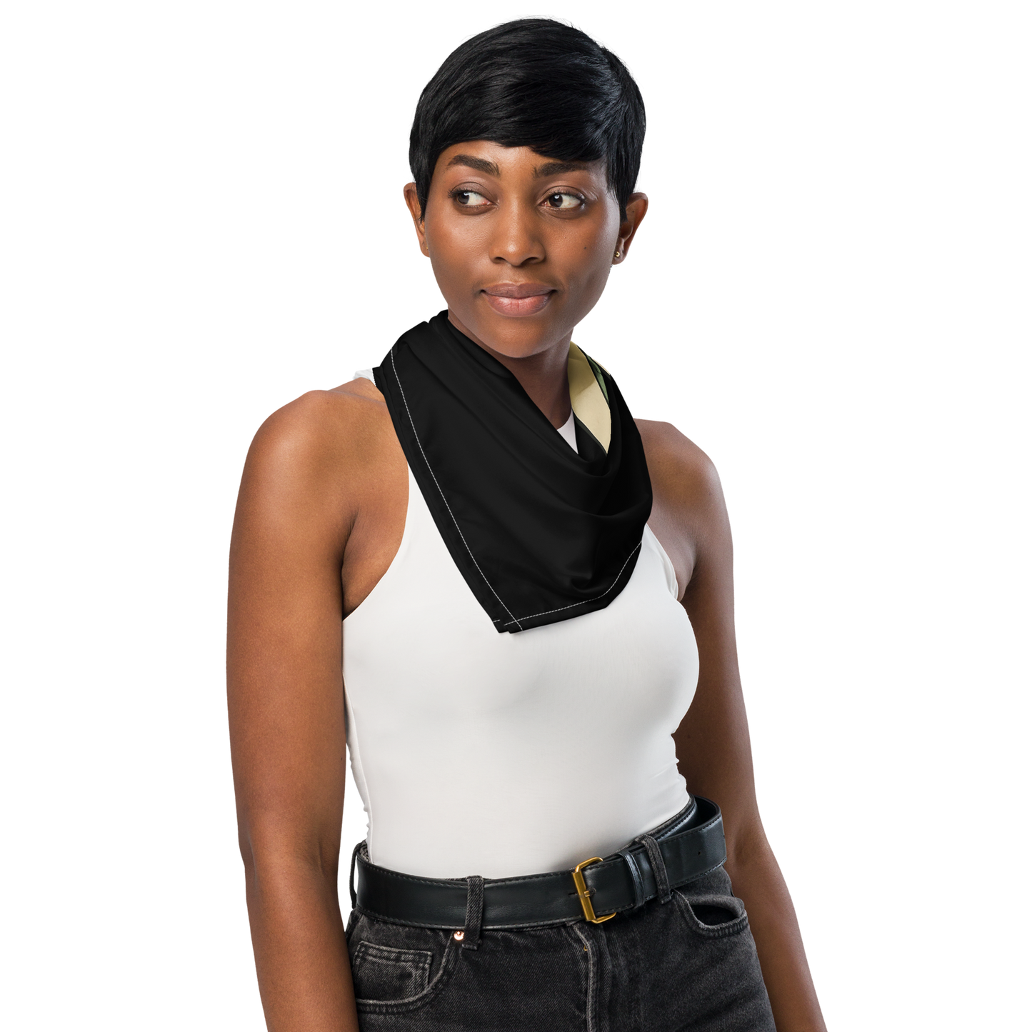 Woman wearing a black scarf over her shoulder. The design features a green pinup-style zombie girl holding flowers, with a banner underneath that reads “CREEPY ALL YEAR.”