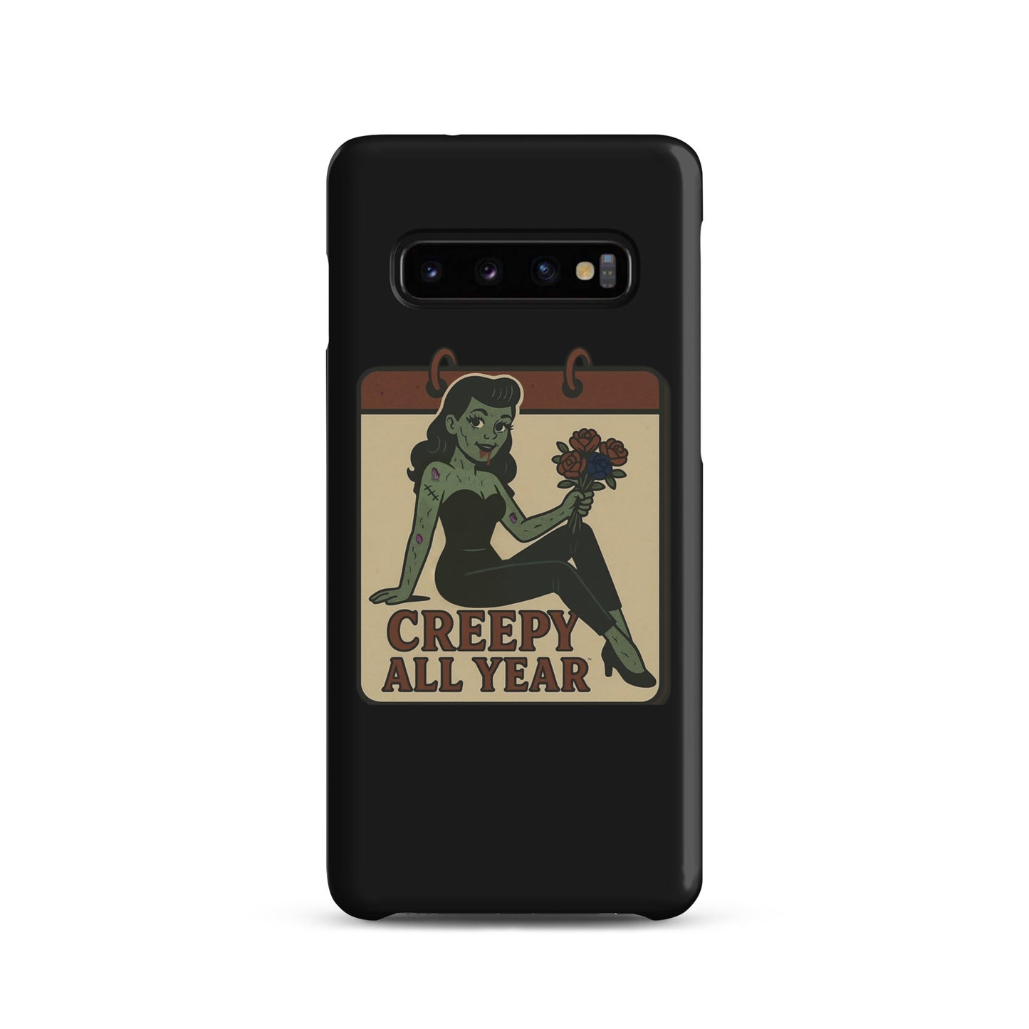 Snap case for Samsung with a graphic design. The design features a green pinup-style zombie girl holding flowers, with a banner underneath that reads “CREEPY ALL YEAR.”
