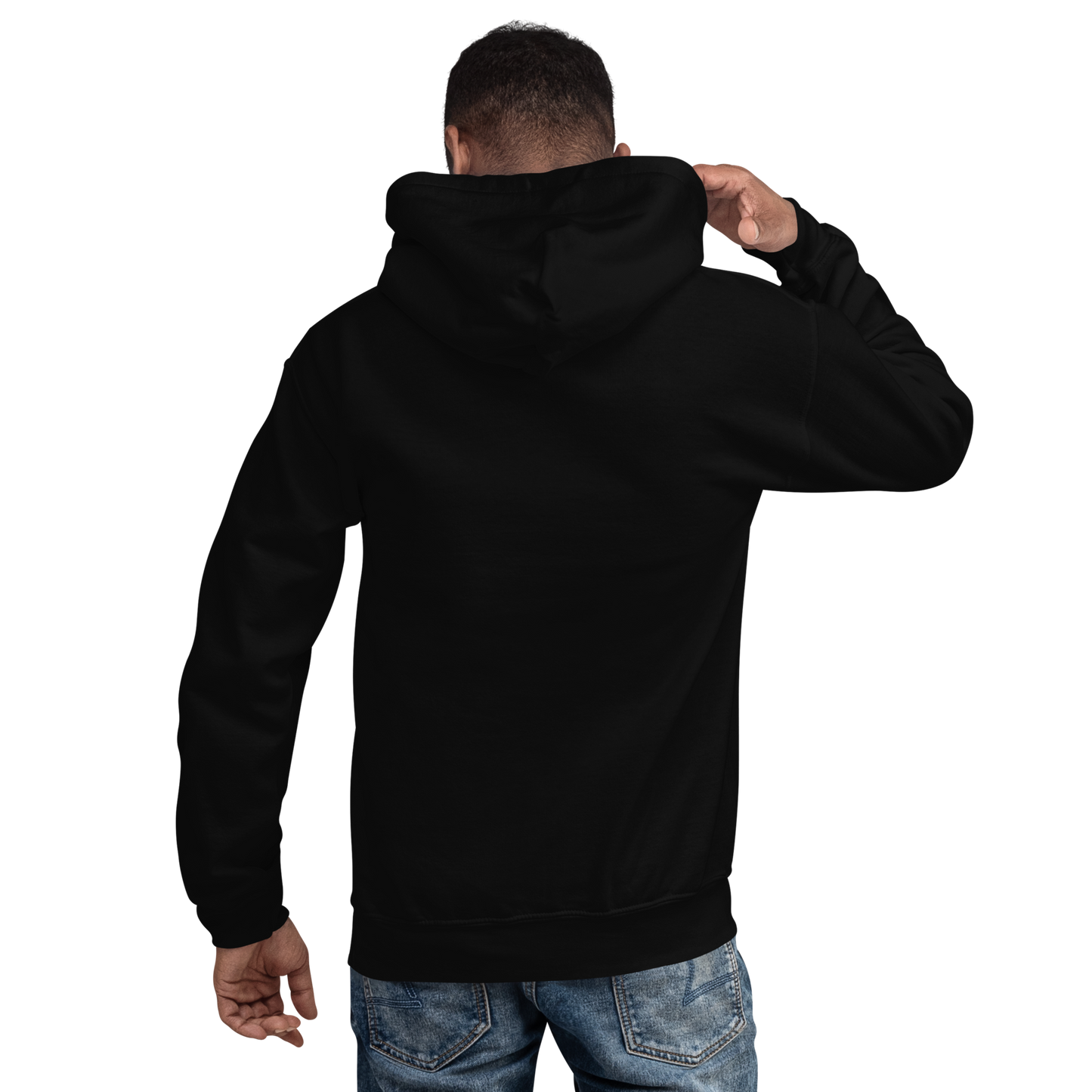 Man with short dark hair wearing a black hoodie from behind on a white background for Creepy All Year