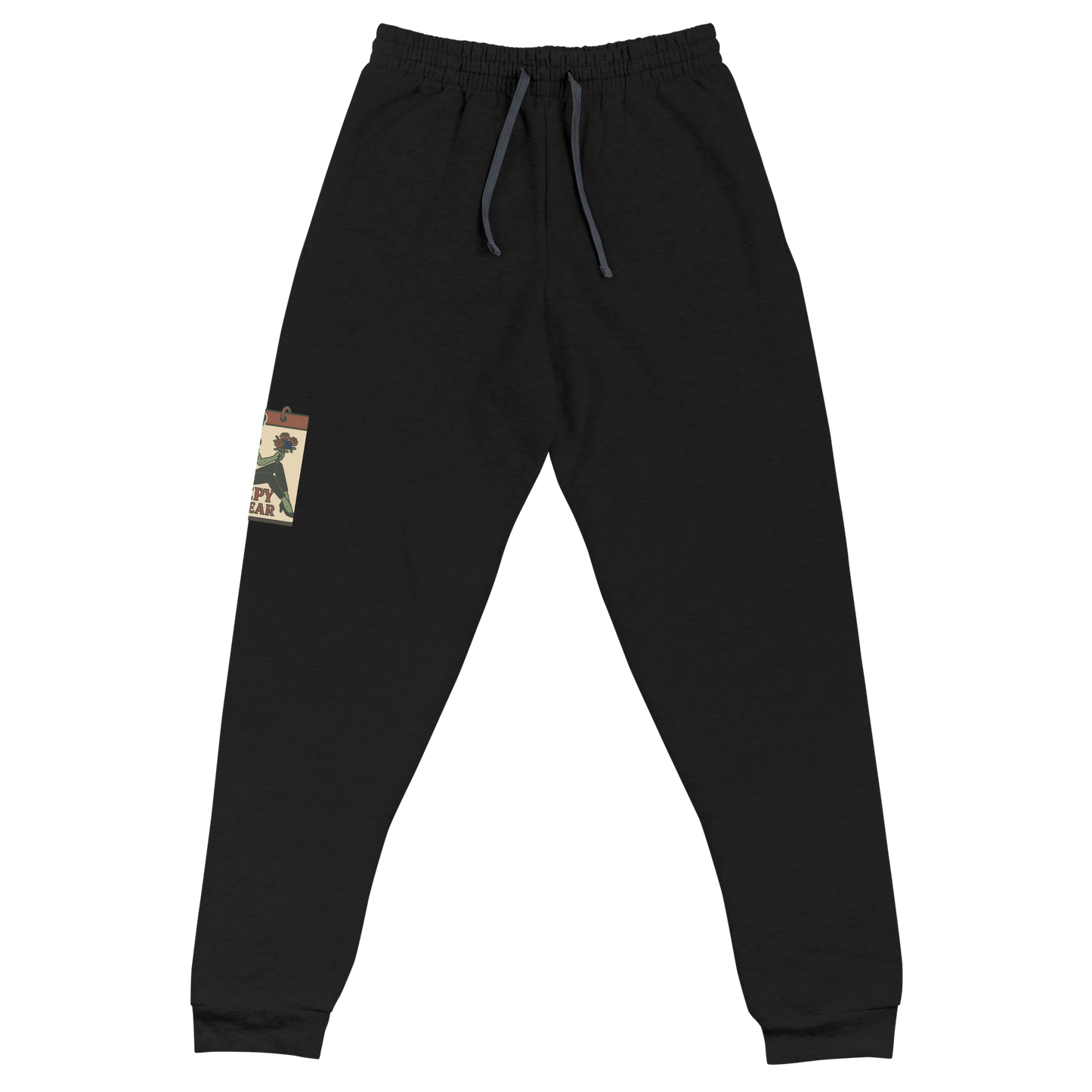 Black joggers with a vintage-style design on the front. The design features a green pinup-style zombie girl holding flowers, with a banner underneath that reads “CREEPY ALL YEAR.”