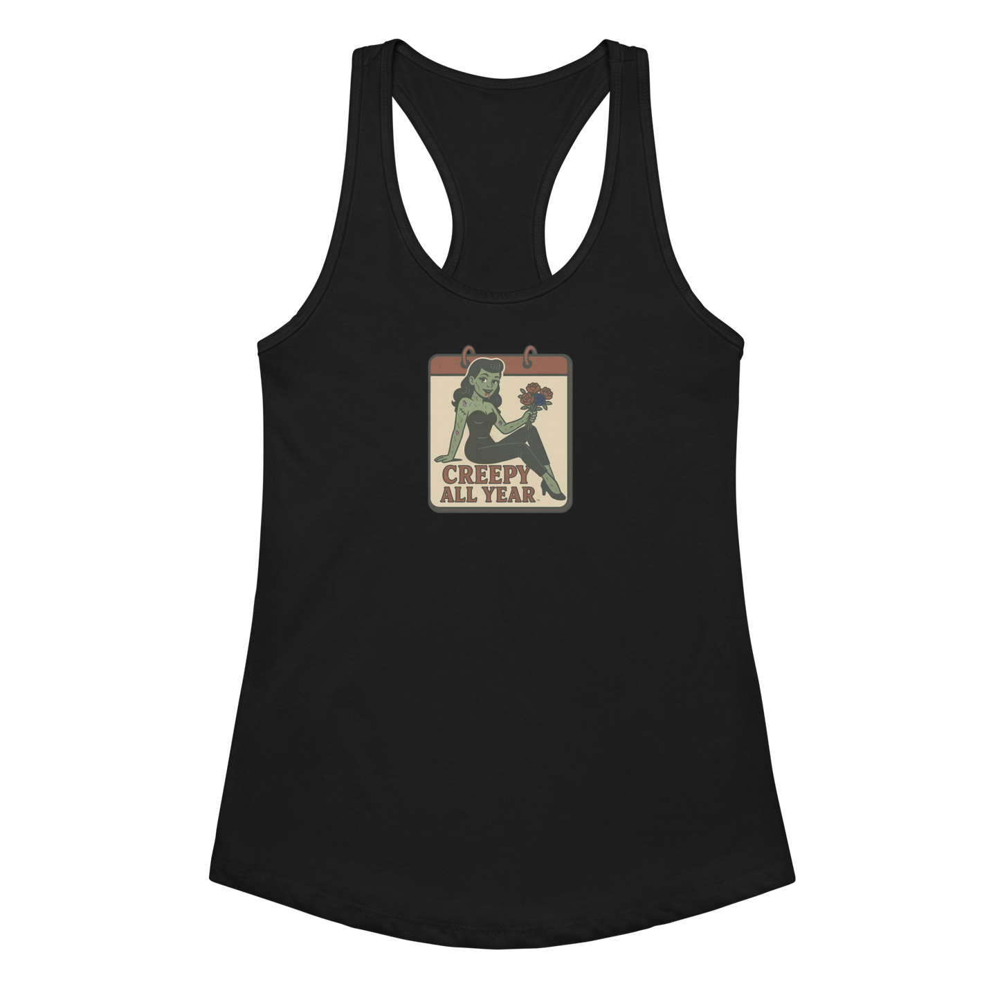 A black tank top with a vintage-style design on the front. The design features a green pinup-style zombie girl holding flowers, with a banner underneath that reads “CREEPY ALL YEAR.”