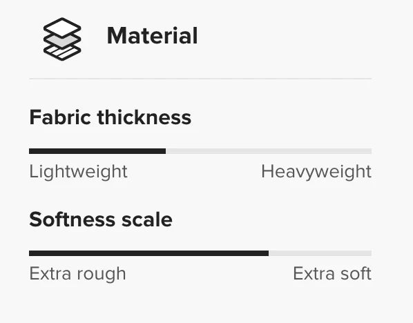 Textual interface showing fabric thickness and softness scale options with checkboxes.