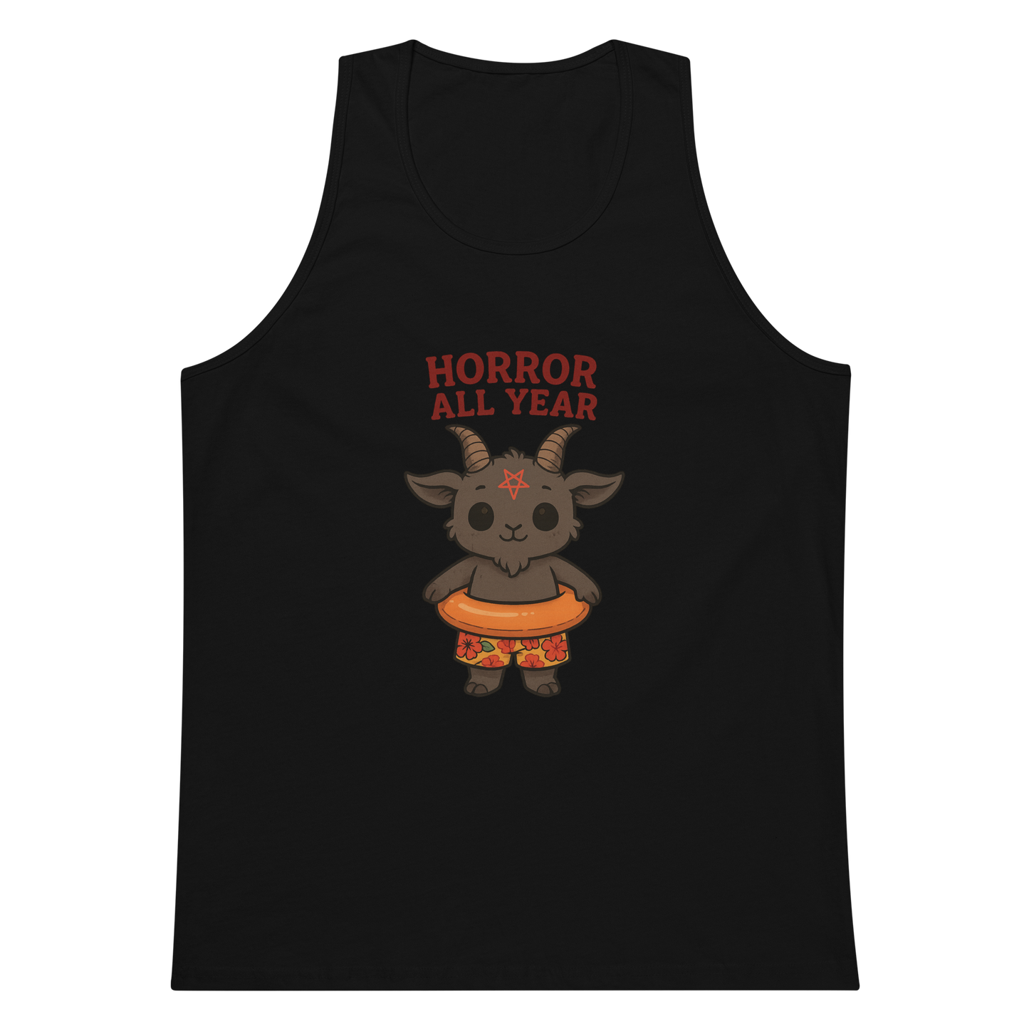 This is a black tank top with a cartoon illustration of a baby Baphomet goat with curved horns and a playful grin, wearing bright floral swim trunks while floating in a colorful inner tube. The character is set against a light background with the bold text “Horror All Year” above in red letters