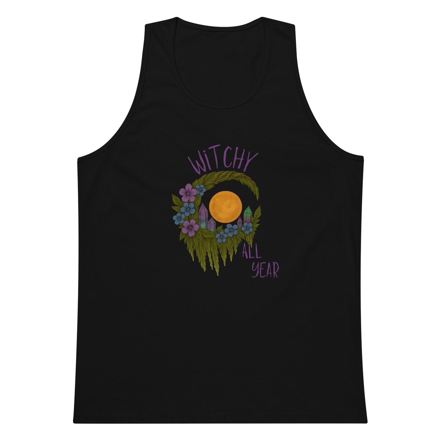 This is a black mens tank top with a design of a hand-drawn wreath made of moss-covered branches wraps around a glowing sun. The wreath is decorated with purple and blue flowers, small amethyst and fluorite crystals, and strands of hanging moss. The words “Witchy” curve above the wreath and “All Year” sits on the bottom right