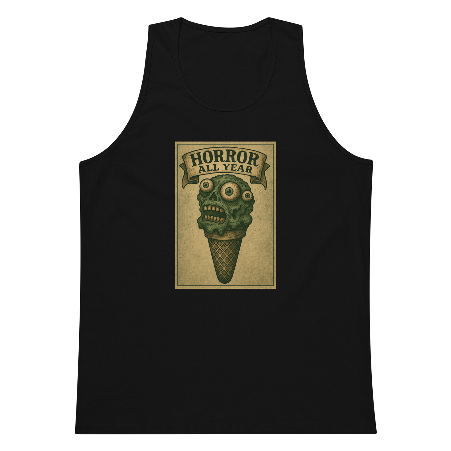 This is a black tank top that is a vintage-style illustration of a zombie-themed ice cream cone with a green, melting undead face and bulging eyeballs. Above the cone, a horror banner reads "Horror All Year" on a distressed parchment background