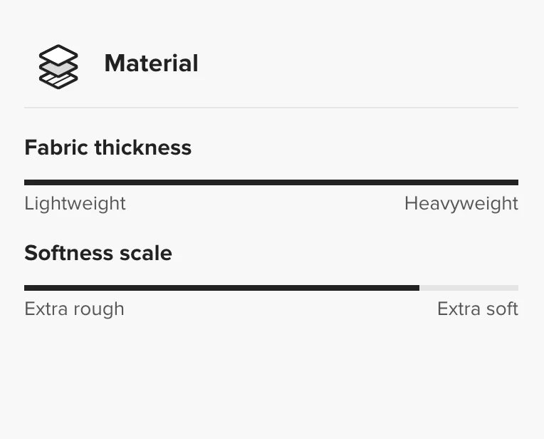 Material property settings with fabric thickness and softness scale options on a white background.