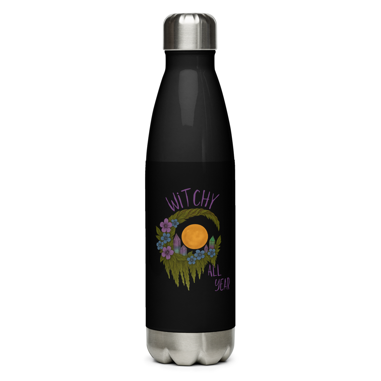 This is a black stainless steel water bottle with a design of a hand-drawn wreath made of moss-covered branches wraps around a glowing sun. The wreath is decorated with purple and blue flowers, small amethyst and fluorite crystals, and strands of hanging moss. The words “Witchy” curve above the wreath and “All Year” sits on the bottom right