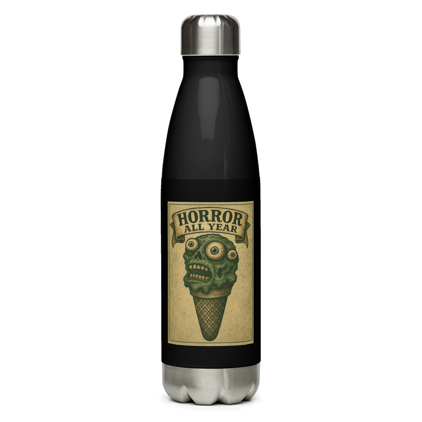 This is a black and stainless steel water bottle with a vintage-style illustration of a zombie-themed ice cream cone with a green, melting undead face and bulging eyeballs. Above the cone, a horror banner reads "Horror All Year" on a distressed parchment background