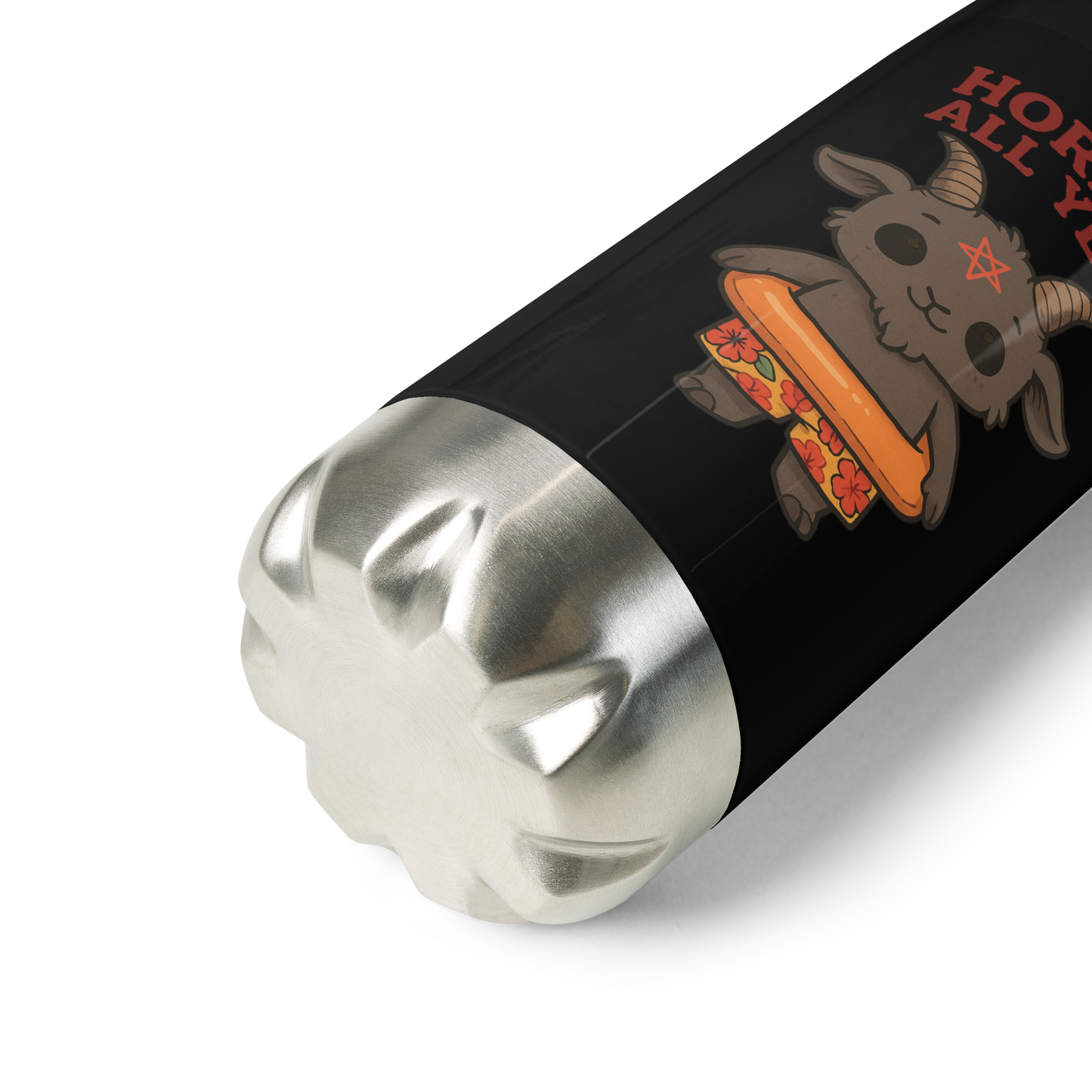 This is a zoom in on a black stainless steel water bottle with a cartoon illustration of a baby Baphomet goat with curved horns and a playful grin, wearing bright floral swim trunks while floating in a colorful inner tube. The character is set against a light background with the bold text “Horror All Year” above in red letters