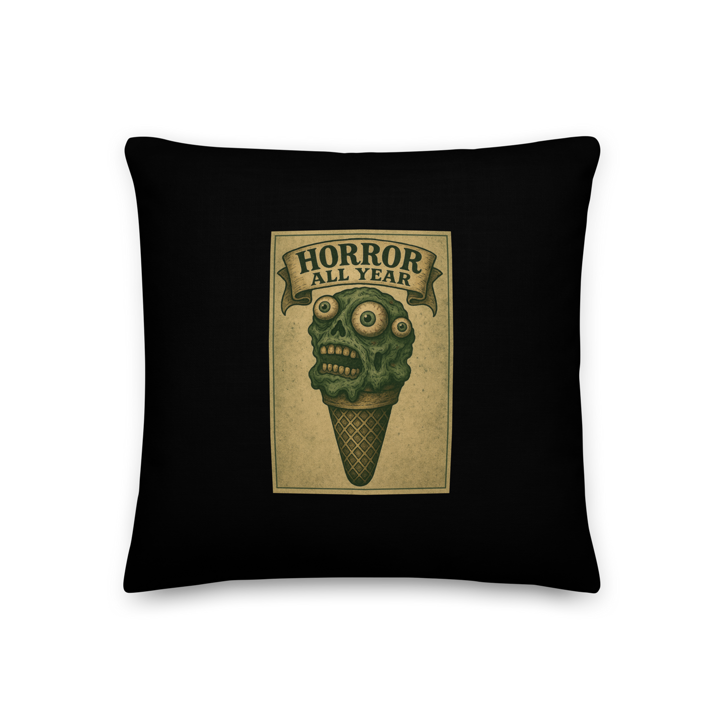 This is a pillow with a vintage-style illustration of a zombie-themed ice cream cone with a green, melting undead face and bulging eyeballs. Above the cone, a horror banner reads "Horror All Year" on a distressed parchment background