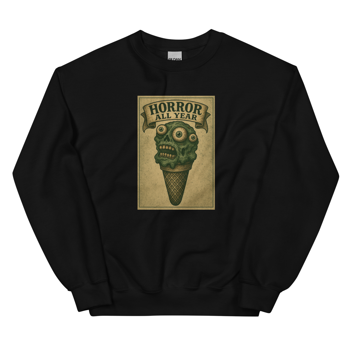 This is a black sweatshirt that is a vintage-style illustration of a zombie-themed ice cream cone with a green, melting undead face and bulging eyeballs. Above the cone, a horror banner reads "Horror All Year" on a distressed parchment background