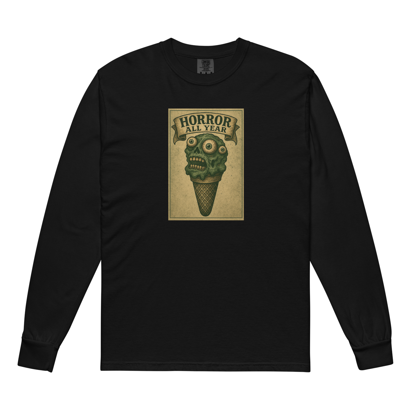 This is a black long sleeve shirt that is a vintage-style illustration of a zombie-themed ice cream cone with a green, melting undead face and bulging eyeballs. Above the cone, a horror banner reads "Horror All Year" on a distressed parchment background