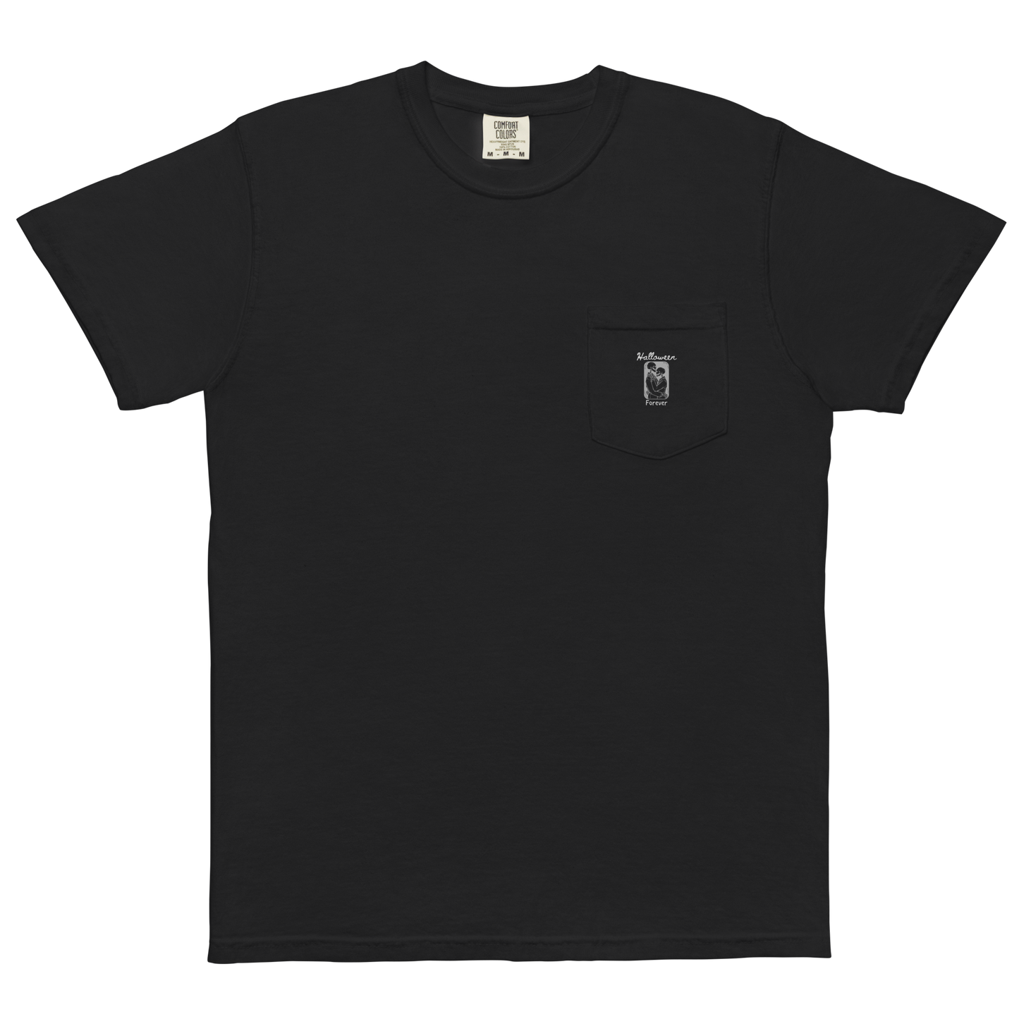 This is a black pocket t-shirt that has a hugging skeleton couple that is grey and says Halloween Forever
