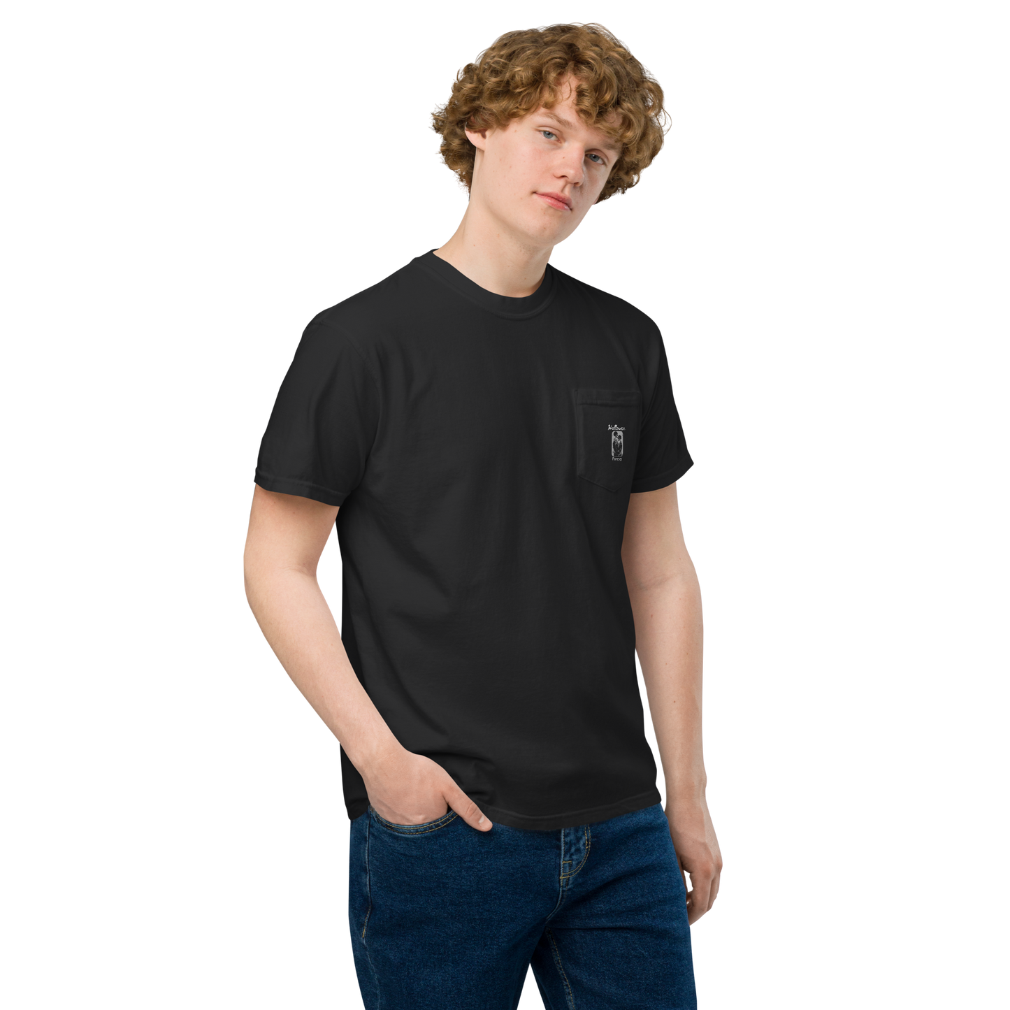 This is a man with dark blonde hair wearing a black pocket t-shirt that has a hugging skeleton couple that is grey and says Halloween Forever