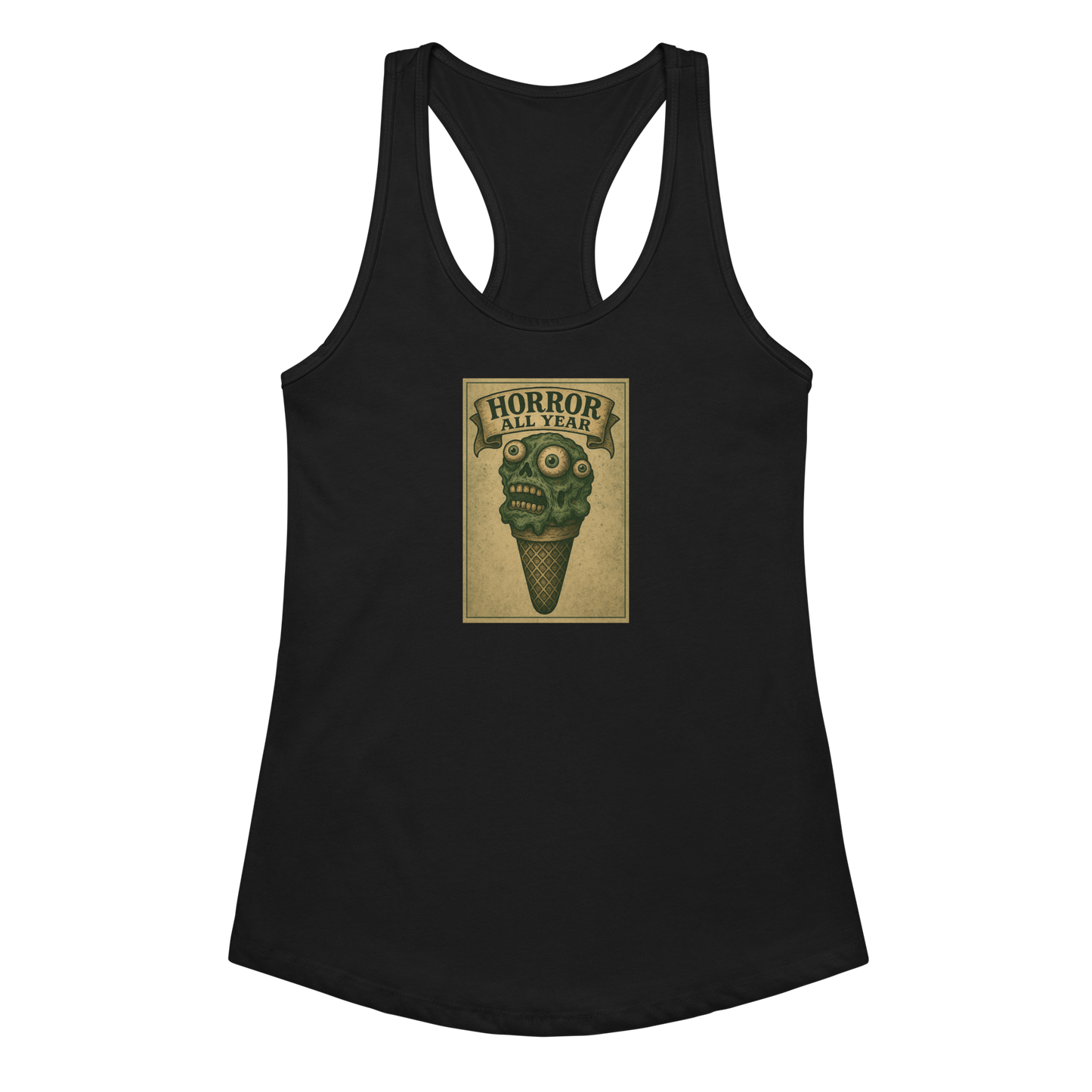 This is a black racerback tank top that is a vintage-style illustration of a zombie-themed ice cream cone with a green, melting undead face and bulging eyeballs. Above the cone, a horror banner reads "Horror All Year" on a distressed parchment background