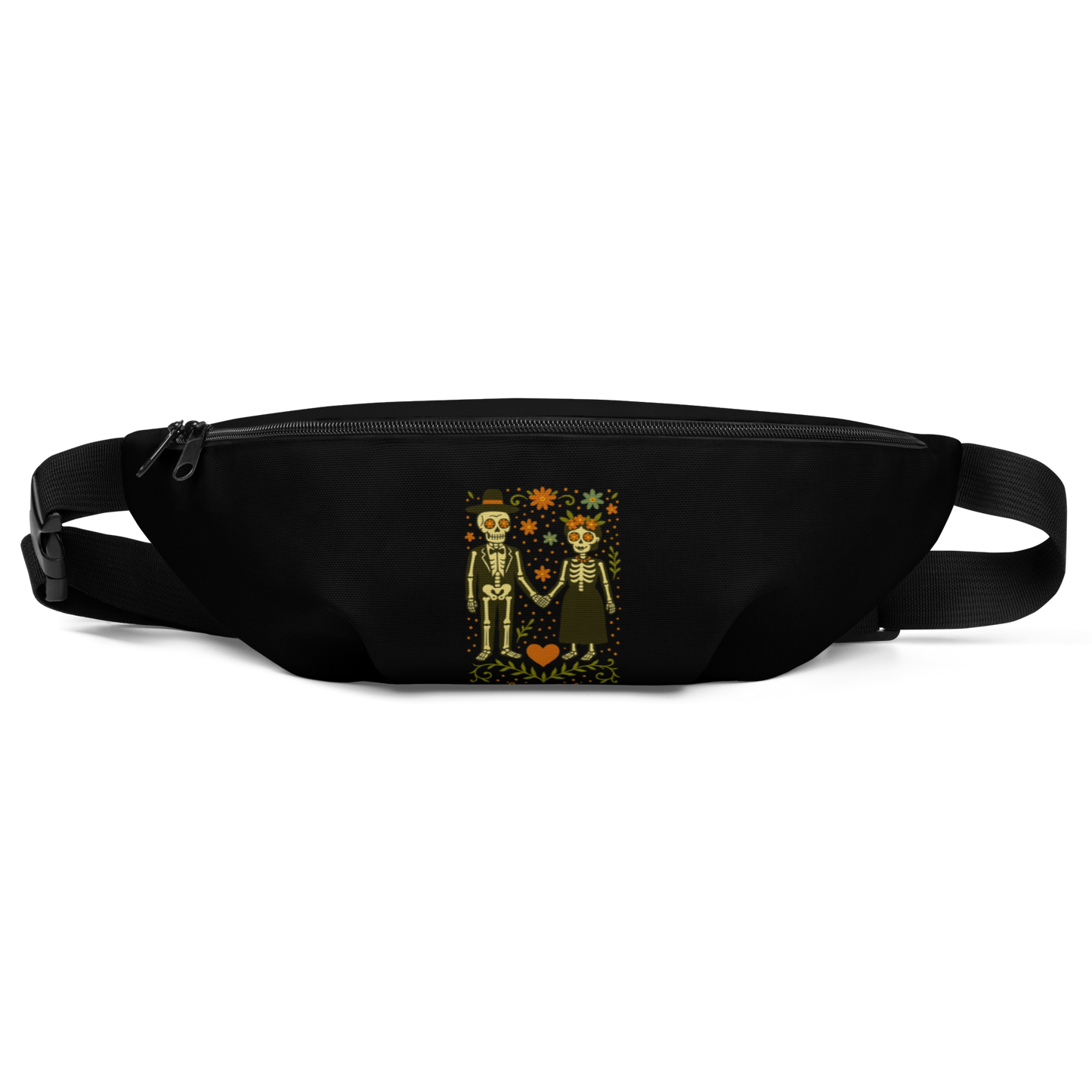 This is a black waist bag with a Día de los Muertos–style illustration of a male and female skeleton holding hands, surrounded by marigolds, vines, and folk art patterns. The skeletons wear traditional black clothing, the man in a suit and hat, the woman with a floral crown with a red heart and leaves at the bottom and the text Creepy All Year. Rendered in warm tones of orange, green, and cream, symbolizing eternal love and remembrance