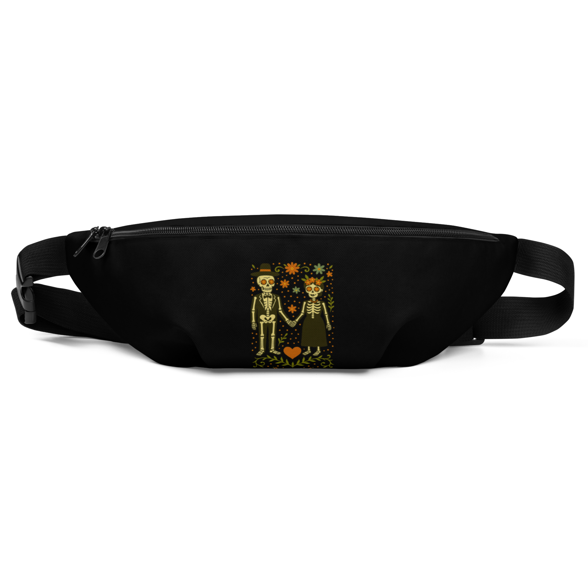 This is a black waist bag with a Día de los Muertos–style illustration of a male and female skeleton holding hands, surrounded by marigolds, vines, and folk art patterns. The skeletons wear traditional black clothing, the man in a suit and hat, the woman with a floral crown with a red heart and leaves at the bottom and the text Creepy All Year. Rendered in warm tones of orange, green, and cream, symbolizing eternal love and remembrance