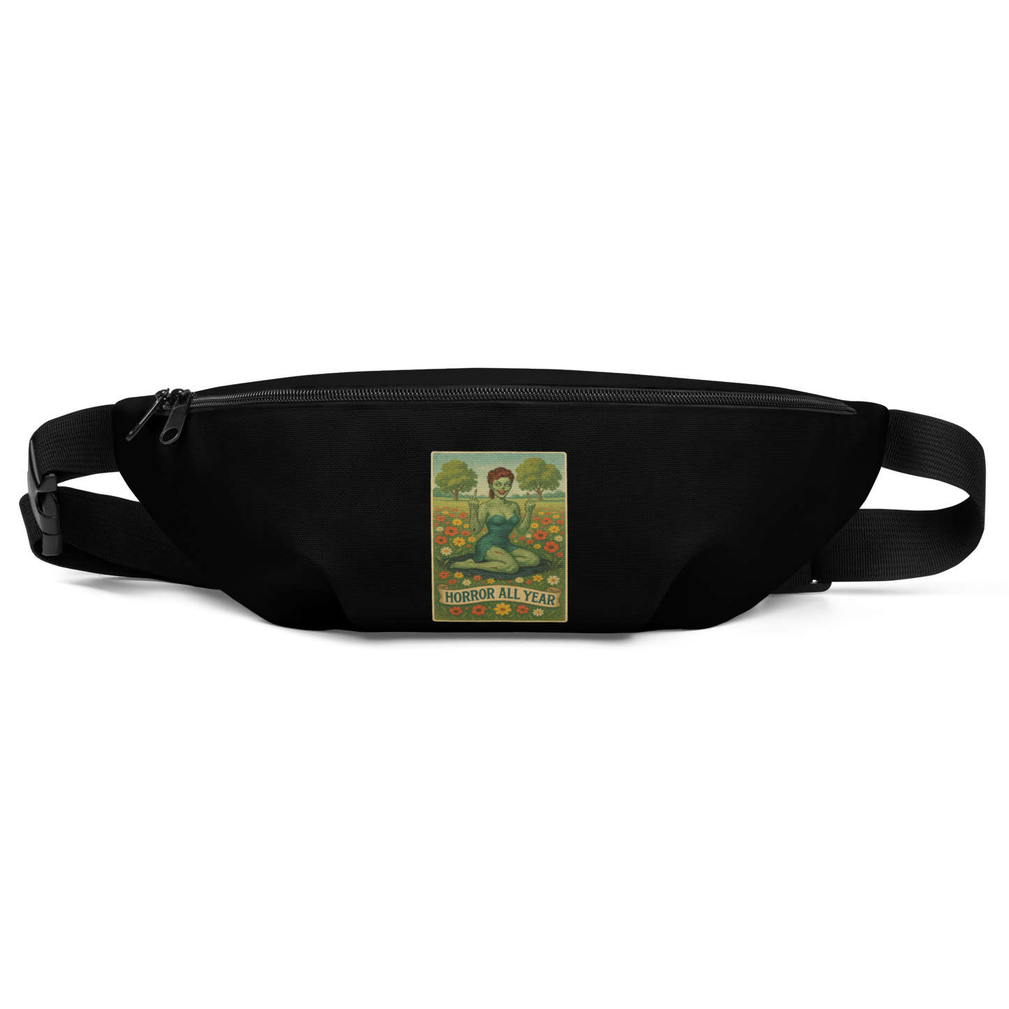 This is a black waist bag fanny pack with a design illustration of a sassy zombie pinup girl standing in a floral field, wearing tattered lingerie and flipping off the viewer with both hands. She has green skin, vintage curls, and a bold attitude. The design blends horror and humor, with a pastel color palette and creepy cute vibes