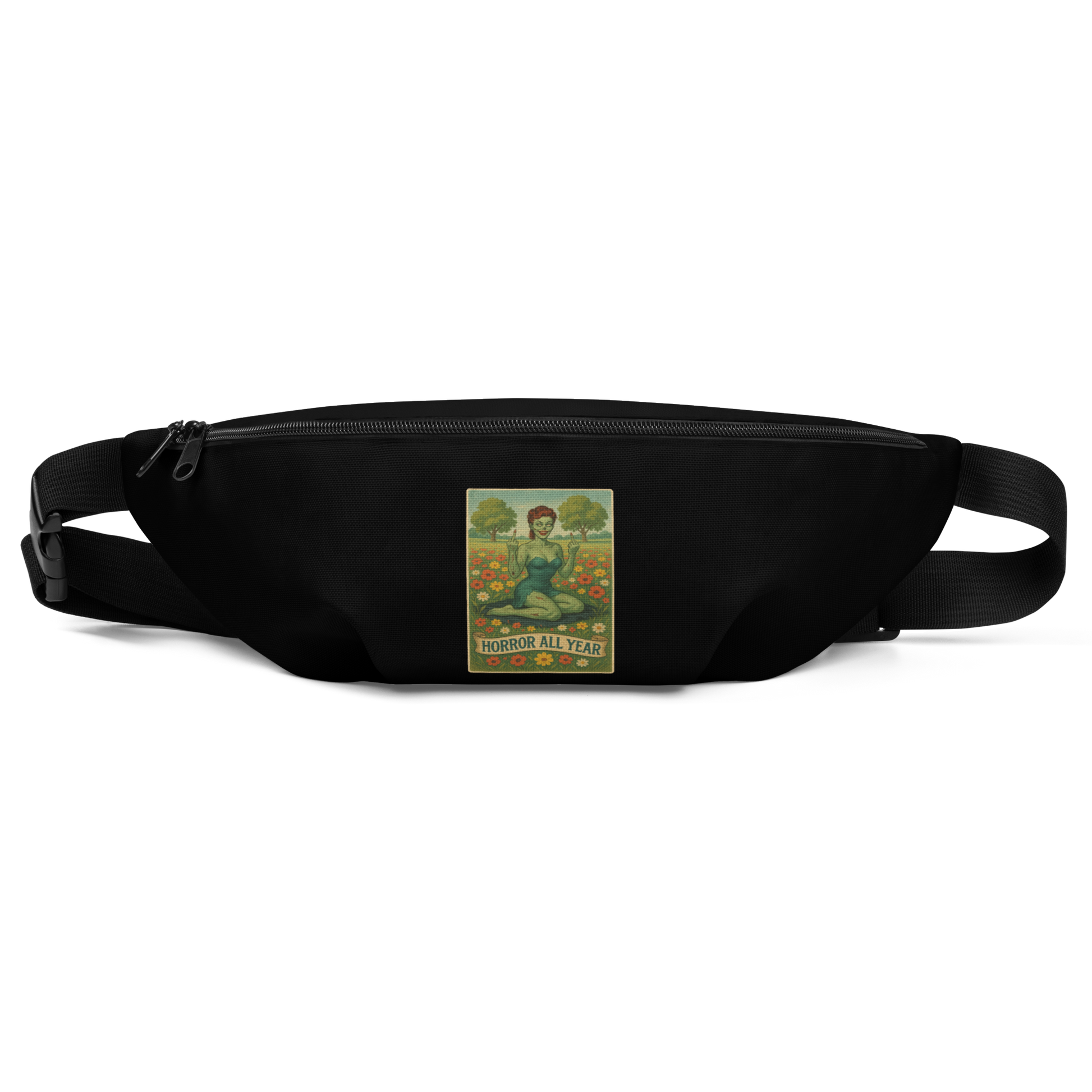 This is a black waist bag fanny pack with a design illustration of a sassy zombie pinup girl standing in a floral field, wearing tattered lingerie and flipping off the viewer with both hands. She has green skin, vintage curls, and a bold attitude. The design blends horror and humor, with a pastel color palette and creepy cute vibes