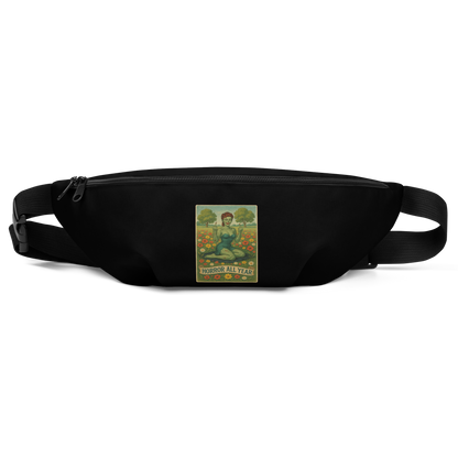 This is a black waist bag fanny pack with a design illustration of a sassy zombie pinup girl standing in a floral field, wearing tattered lingerie and flipping off the viewer with both hands. She has green skin, vintage curls, and a bold attitude. The design blends horror and humor, with a pastel color palette and creepy cute vibes