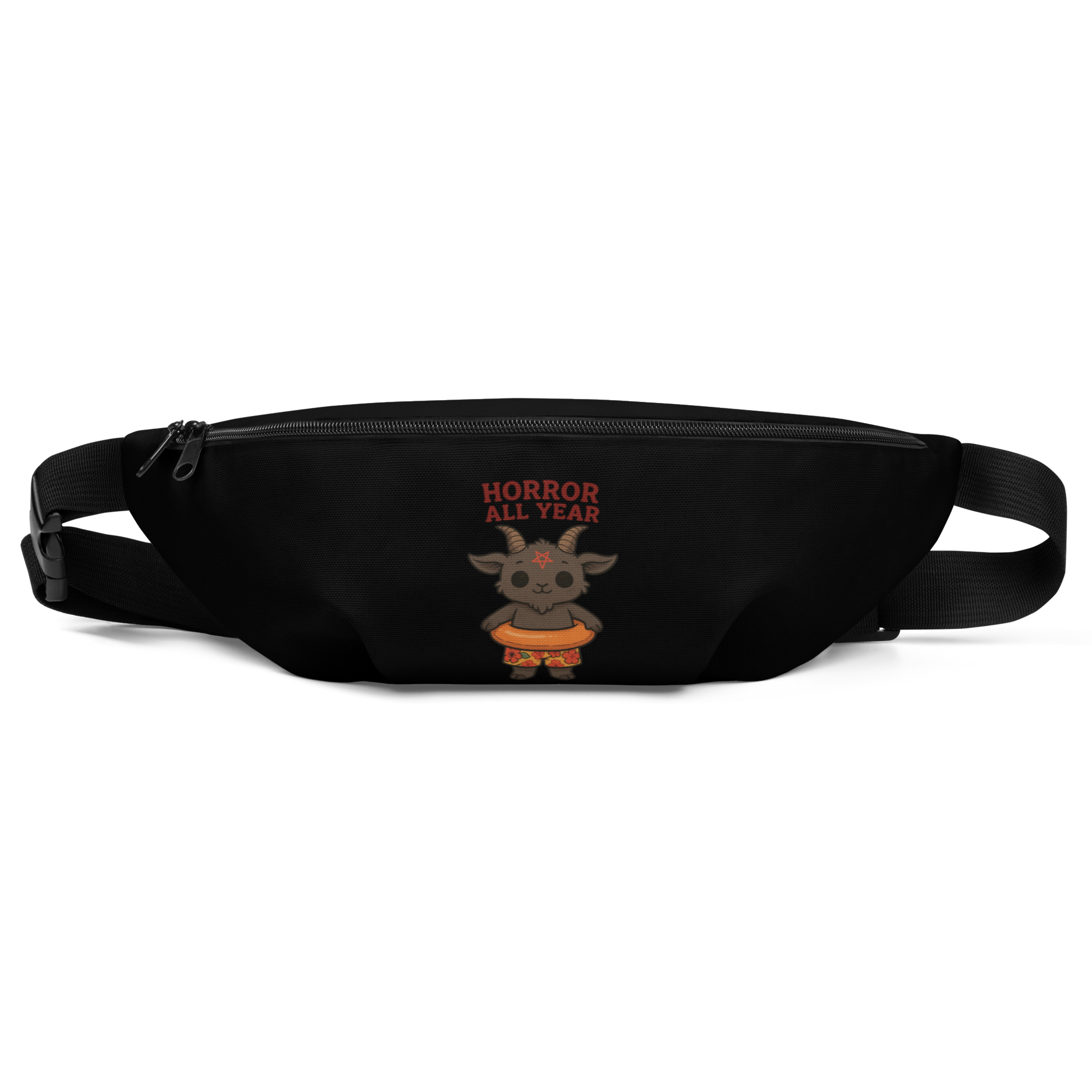 This is a black waist bag fanny pack that has a cartoon illustration of a baby Baphomet goat with curved horns and a playful grin, wearing bright floral swim trunks while floating in a colorful inner tube. The character is set against a light background with the bold text “Horror All Year” above in red letters 