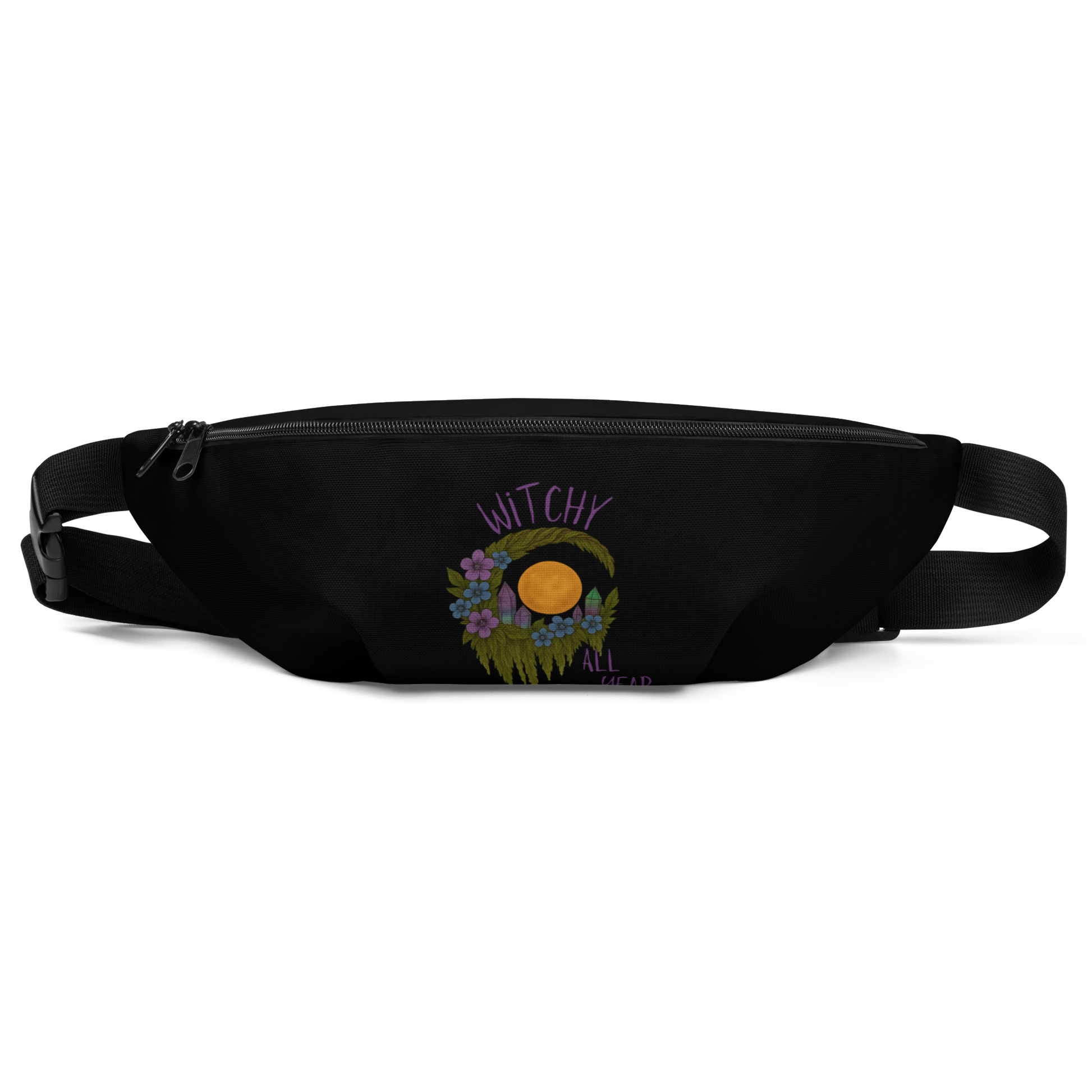 This is a black waist bag fanny pack with a design of a hand-drawn wreath made of moss-covered branches wraps around a glowing sun. The wreath is decorated with purple and blue flowers, small amethyst and fluorite crystals, and strands of hanging moss. The words “Witchy” curve above the wreath and “All Year” sits on the bottom right 