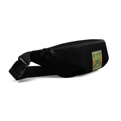 This is the side of a black waist bag fanny pack with a design illustration of a sassy zombie pinup girl standing in a floral field, wearing tattered lingerie and flipping off the viewer with both hands. She has green skin, vintage curls, and a bold attitude. The design blends horror and humor, with a pastel color palette and creepy cute vibes