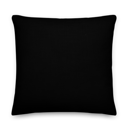 This is the back of a black throw pillow with a Día de los Muertos–style illustration of a male and female skeleton holding hands, surrounded by marigolds, vines, and folk art patterns. The skeletons wear traditional black clothing, the man in a suit and hat, the woman with a floral crown with a red heart and leaves at the bottom and the text Creepy All Year. Rendered in warm tones of orange, green, and cream, symbolizing eternal love and remembrance on the front side