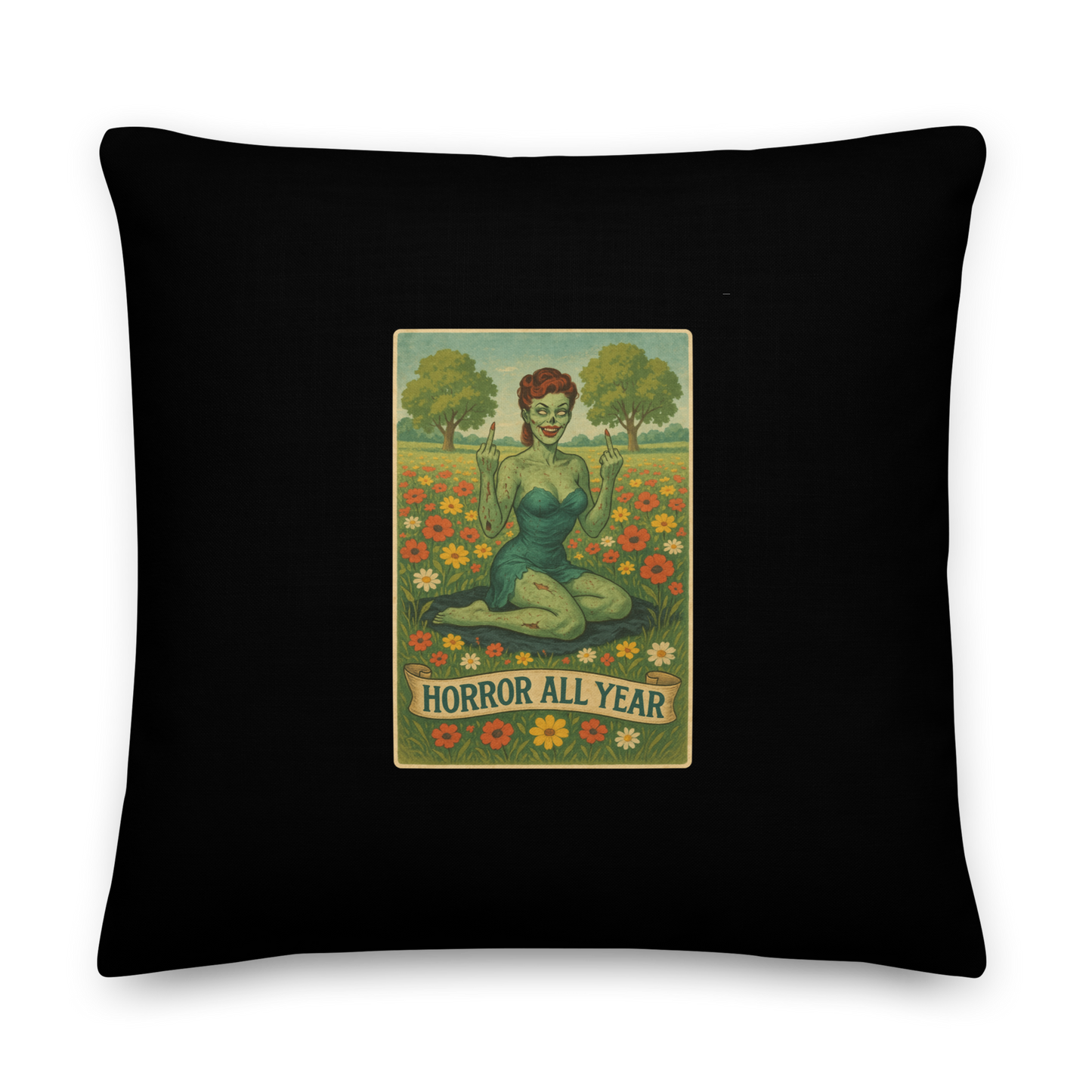 This is a black throw pillow with a design illustration of a sassy zombie pinup girl standing in a floral field, wearing tattered lingerie and flipping off the viewer with both hands. She has green skin, vintage curls, and a bold attitude. The design blends horror and humor, with a pastel color palette and creepy cute vibes 