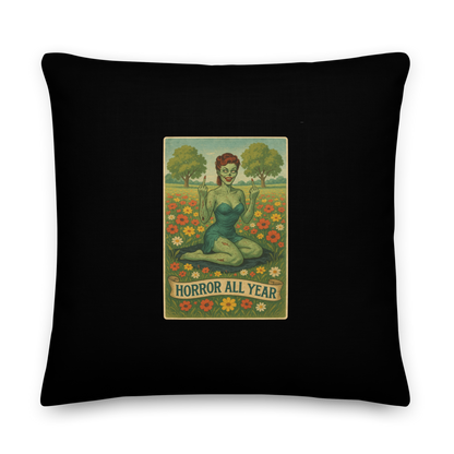 This is a black throw pillow with a design illustration of a sassy zombie pinup girl standing in a floral field, wearing tattered lingerie and flipping off the viewer with both hands. She has green skin, vintage curls, and a bold attitude. The design blends horror and humor, with a pastel color palette and creepy cute vibes 