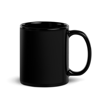 This is the back of a a black mug that has a hugging skeleton couple that is grey and says Halloween Forever 