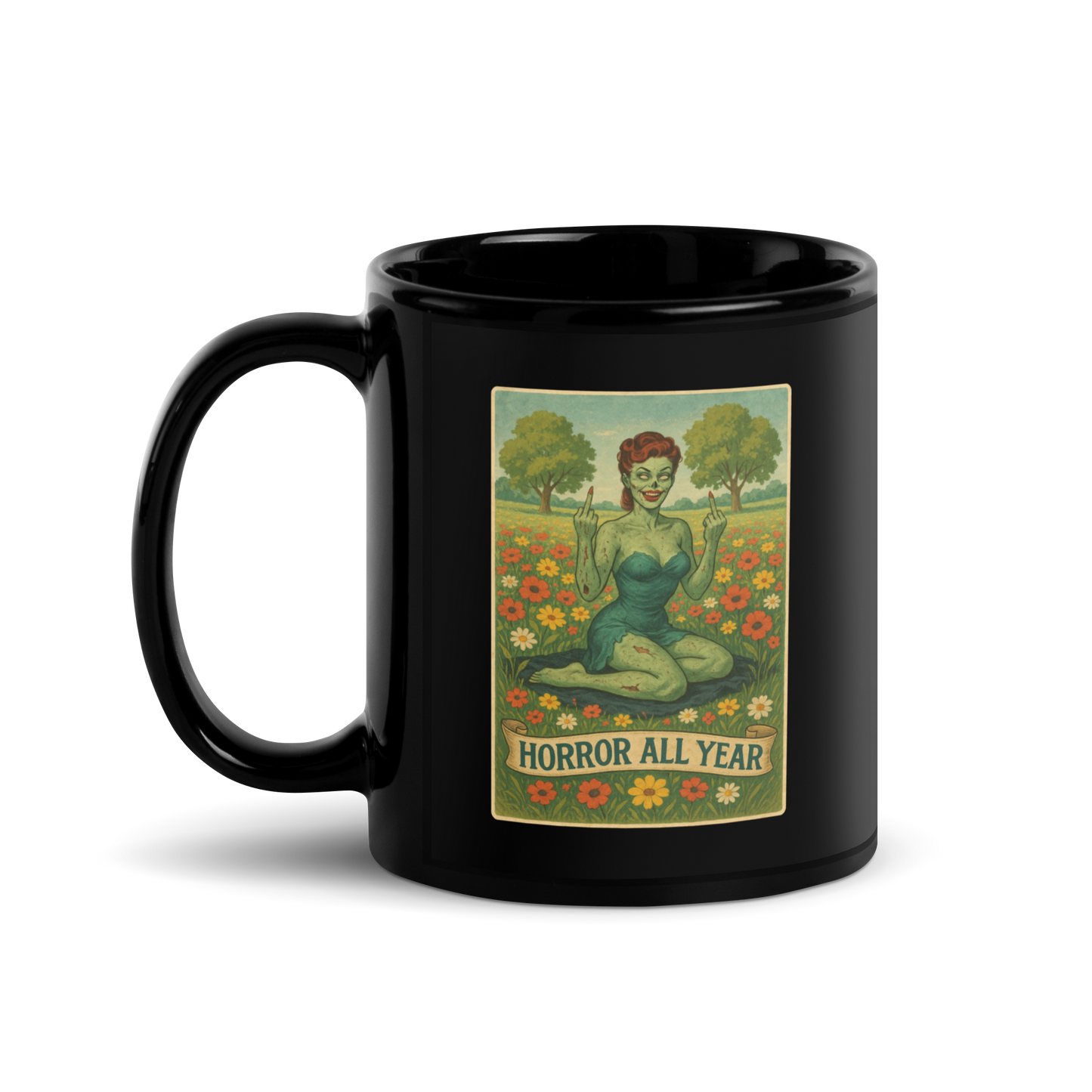 This is a black mug with a design illustration of a sassy zombie pinup girl standing in a floral field, wearing tattered lingerie and flipping off the viewer with both hands. She has green skin, vintage curls, and a bold attitude. The design blends horror and humor, with a pastel color palette and creepy cute vibes 