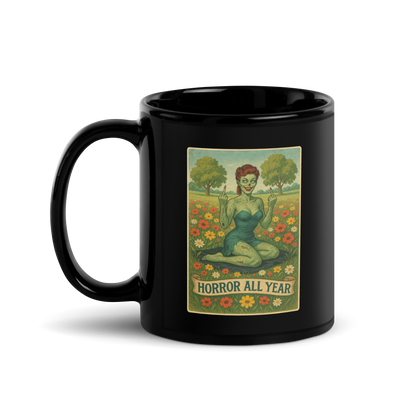 This is a black mug with a design illustration of a sassy zombie pinup girl standing in a floral field, wearing tattered lingerie and flipping off the viewer with both hands. She has green skin, vintage curls, and a bold attitude. The design blends horror and humor, with a pastel color palette and creepy cute vibes 