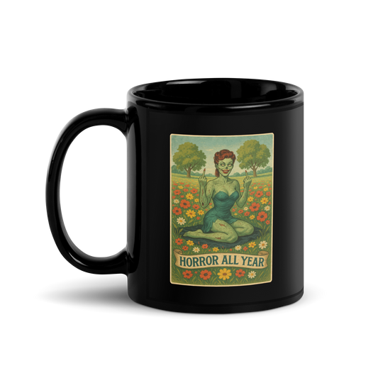 This is a black mug with a design illustration of a sassy zombie pinup girl standing in a floral field, wearing tattered lingerie and flipping off the viewer with both hands. She has green skin, vintage curls, and a bold attitude. The design blends horror and humor, with a pastel color palette and creepy cute vibes 