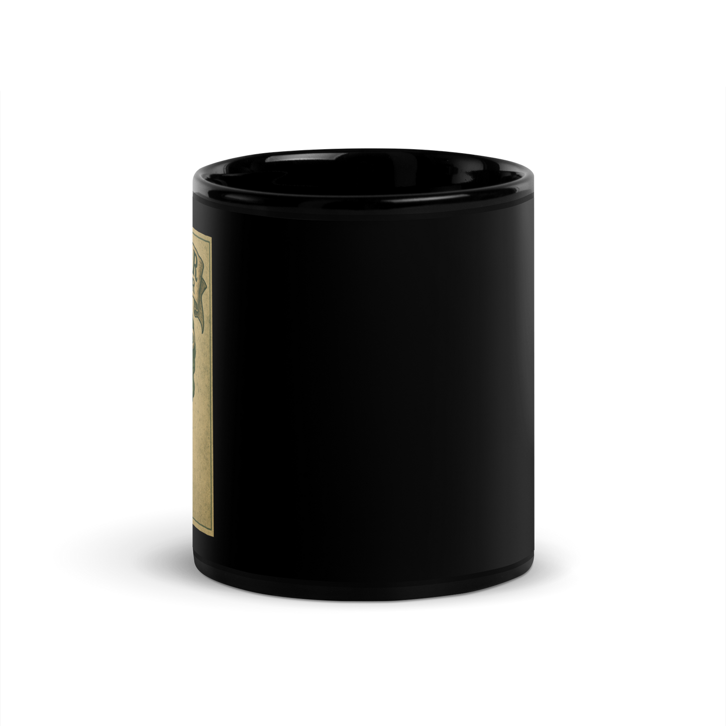 This is the side of a black mug with a vintage-style illustration of a zombie-themed ice cream cone with a green, melting undead face and bulging eyeballs. Above the cone, a horror banner reads "Horror All Year" on a distressed parchment background on the other side