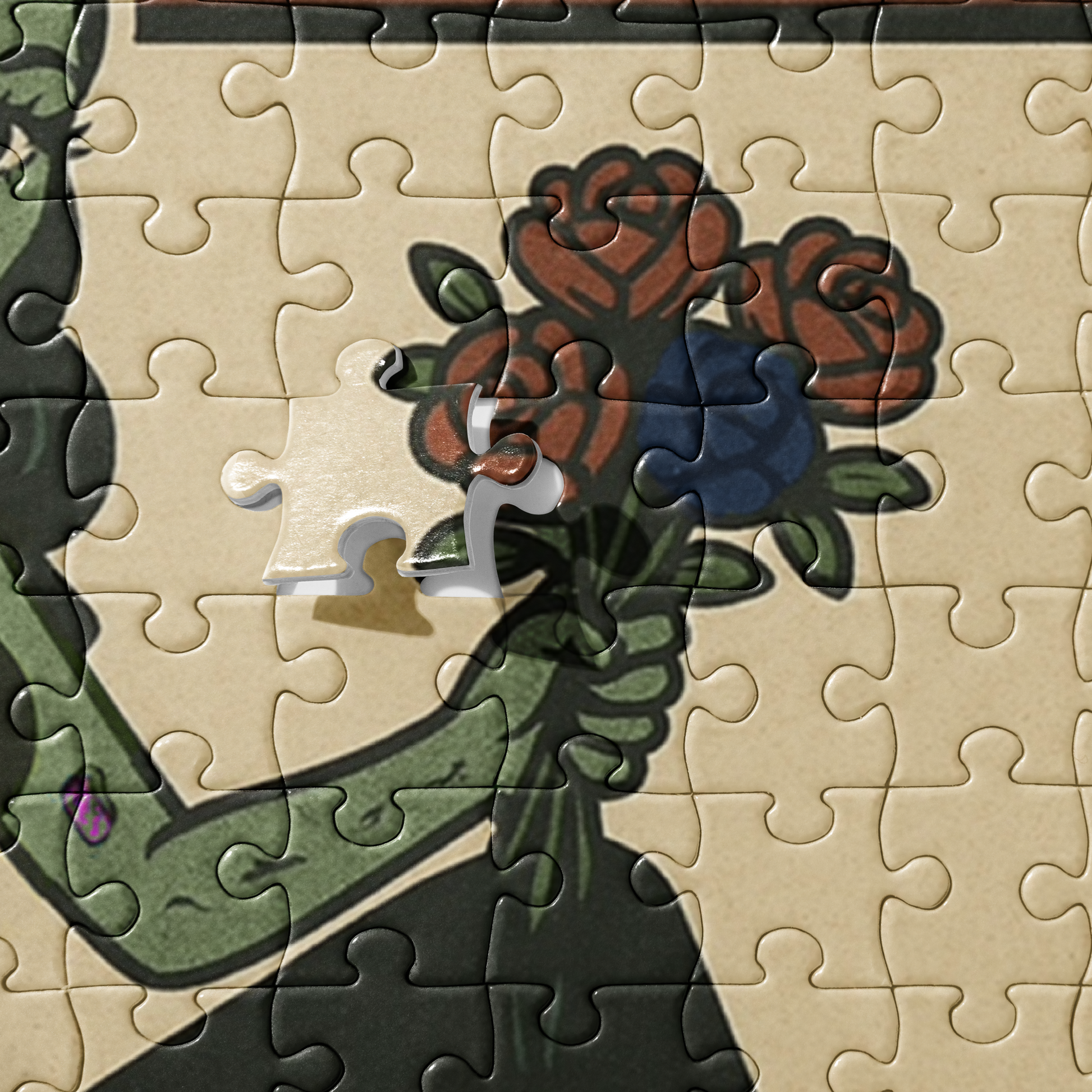 Jigsaw puzzle with a completed section showing flower design on beige background. The design features a green pinup-style zombie girl holding flowers, with a banner underneath that reads “CREEPY ALL YEAR.”