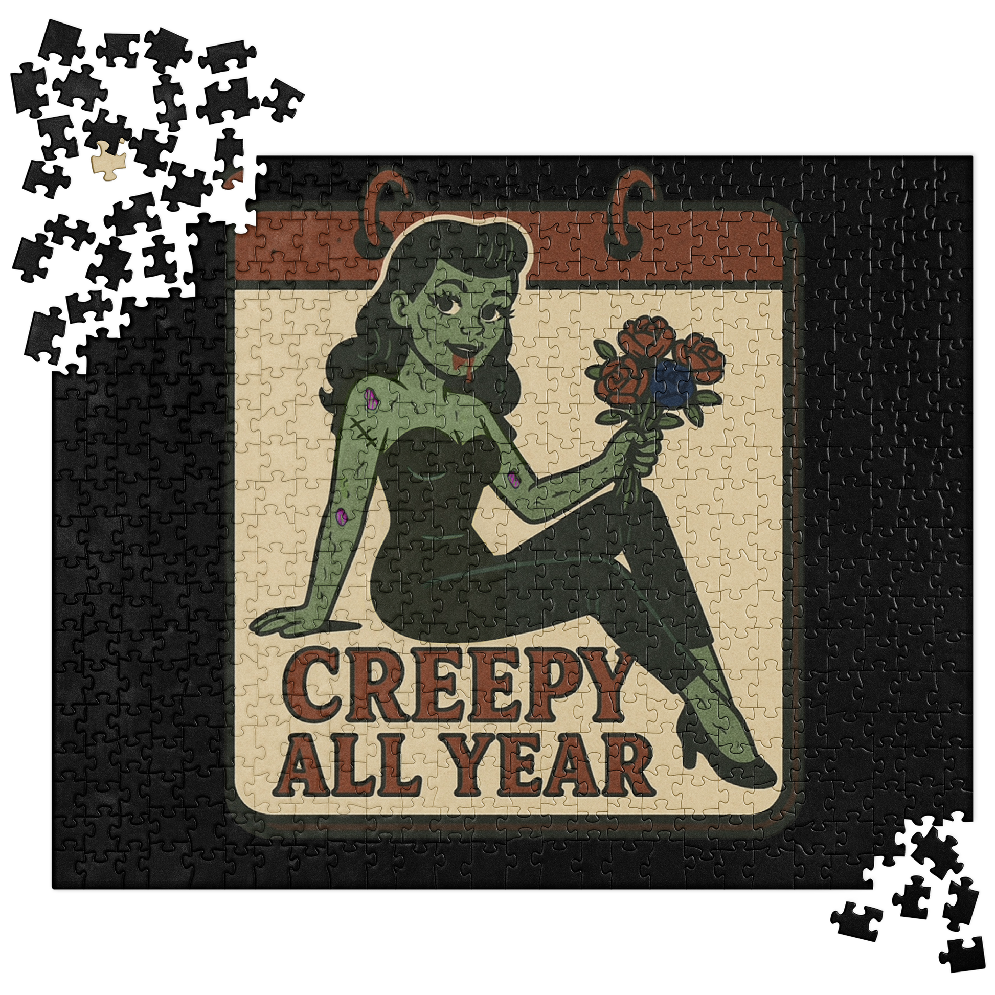 Jigsaw puzzle with a zombie pin-up design and 'Creepy All Year' text.