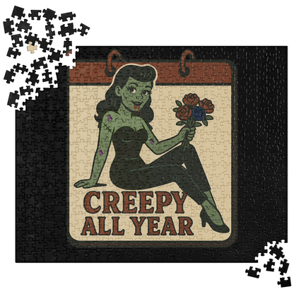 Jigsaw puzzle with a zombie pin-up design and 'Creepy All Year' text.