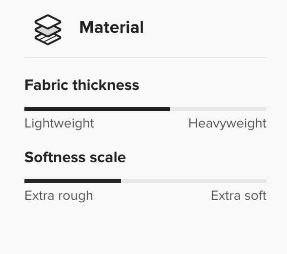 Control panel for fabric thickness and softness on a white background