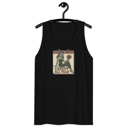 A black tank top on a hanger with a vintage-style design on the front. The design features a green pinup-style zombie girl holding flowers, with a banner underneath that reads “CREEPY ALL YEAR.”