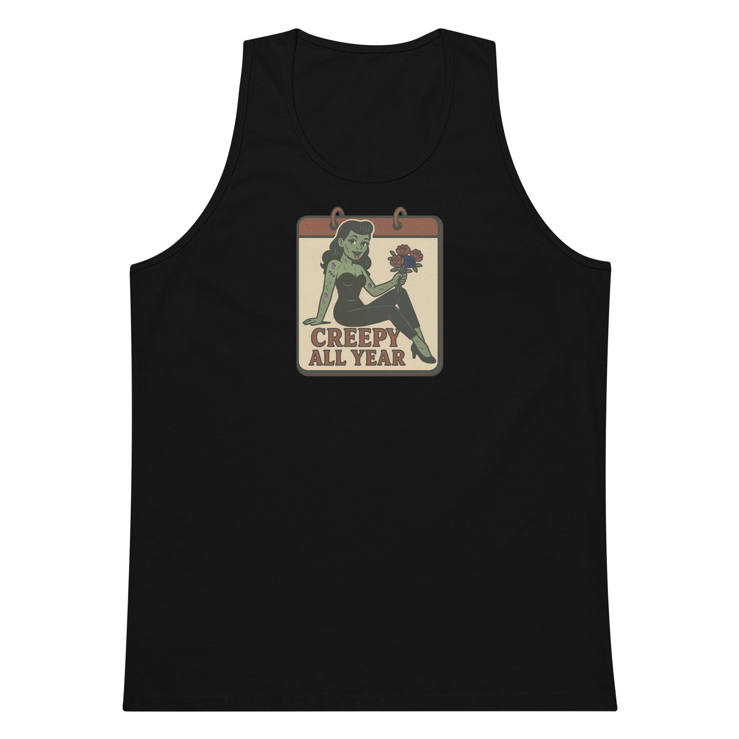 A black tank top with a vintage-style design on the front. The design features a green pinup-style zombie girl holding flowers, with a banner underneath that reads “CREEPY ALL YEAR.”