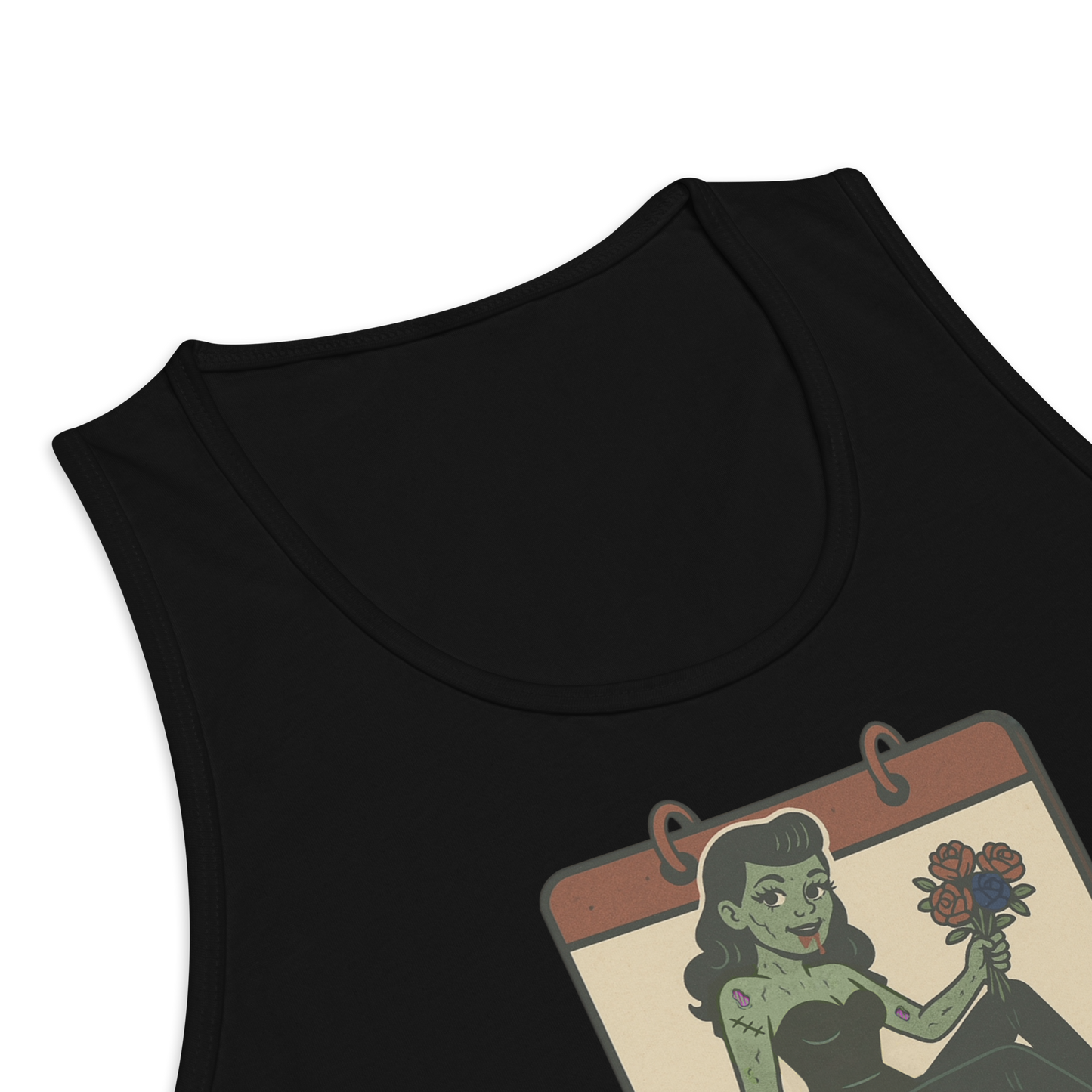 Black tank top with a graphic design of a pinup zombie holding flowers on a beige background for Creepy All Year.