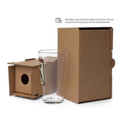 Glass with a cardboard packaging box. The pint glass design features a green pinup-style zombie girl holding flowers, with a banner underneath that reads “CREEPY ALL YEAR.”