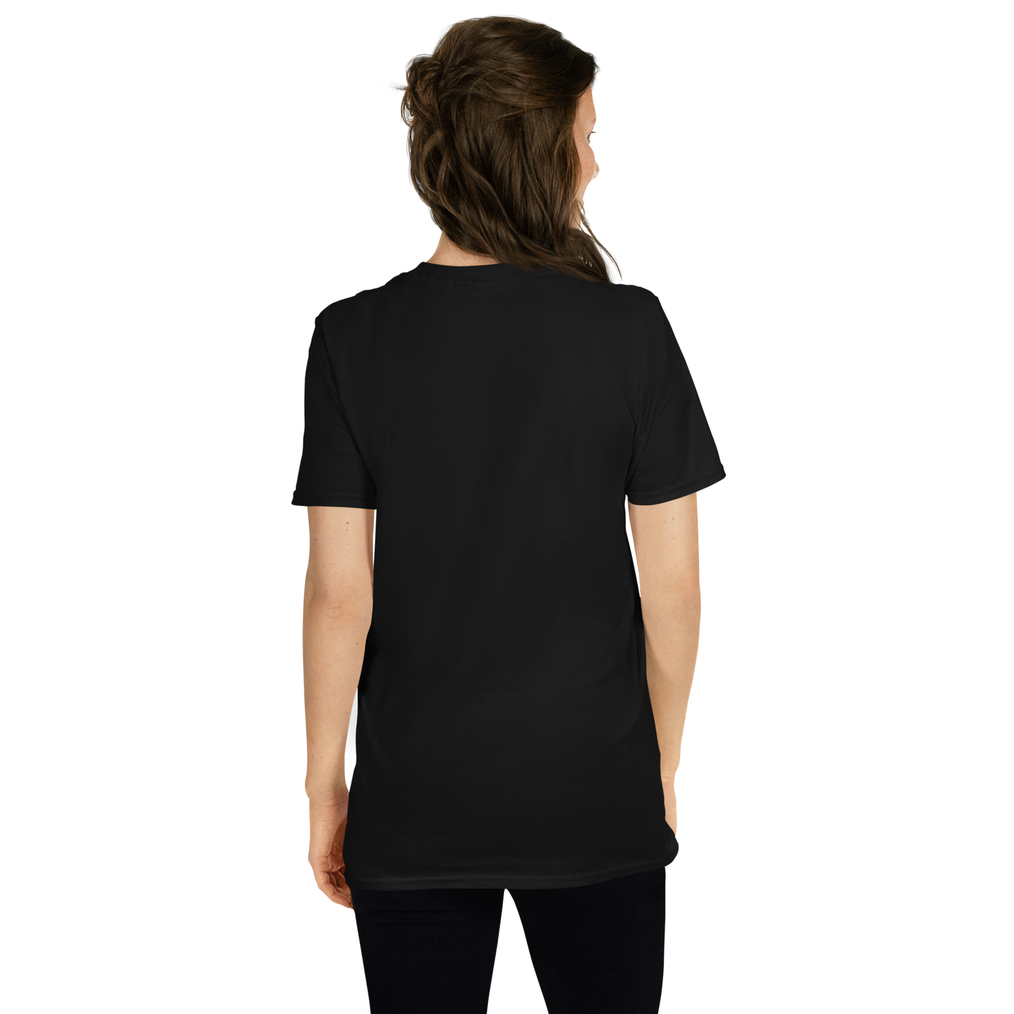 Person wearing a black t-shirt showing the back of the shirt
