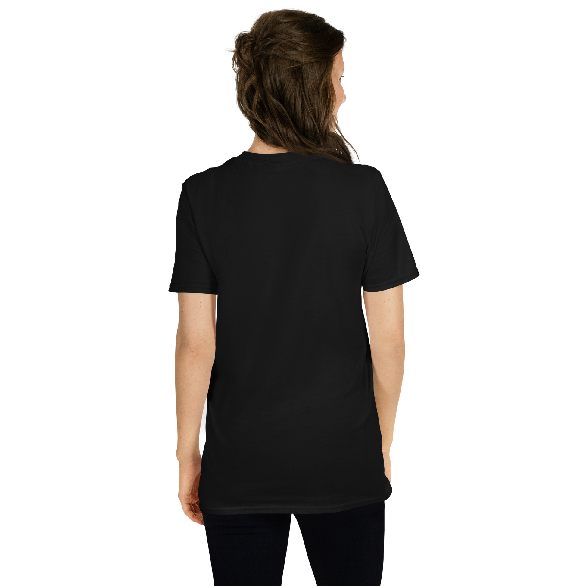 Person wearing a black t-shirt showing the back of the shirt